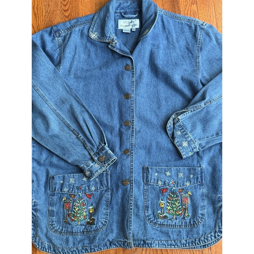 VTG Casey Coleman ML Denim Shirt Chore Jacket Pockets Christmas Embroidered